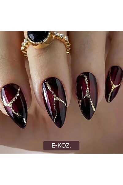 Butik Koyu Bordo Altın Sim Desenli Badem 24'lü Takma Tırnak Seti