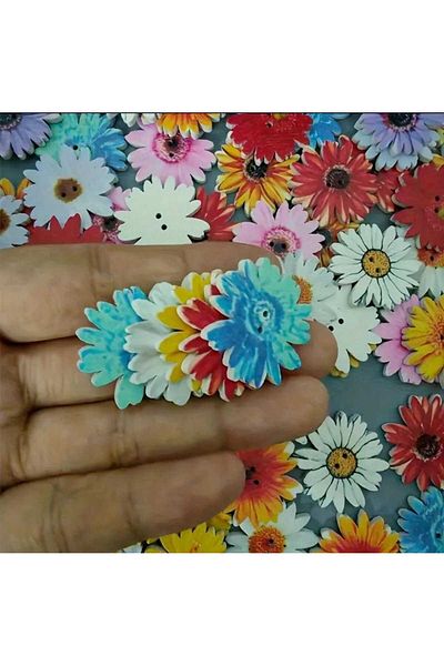 Beyna 2 cm Two Hole Board Painted Flower Button - Mixed Colors 10 Pieces 1 Pack