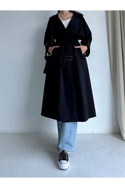 MELEK ARAZ Canvas Trench Coat with Black Cover Detail