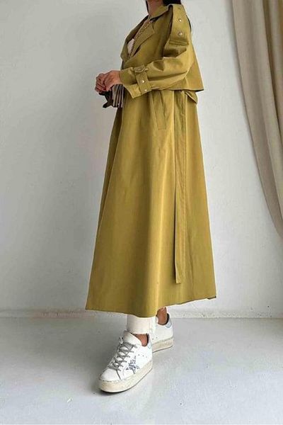 MELEK ARAZ Oil Green Front Clamshell Trench Coat with Snap Detail