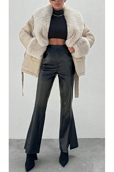 Universal Add Elegance to Cold Weather: Beige Winter Coat with Fluffy Fur Detail