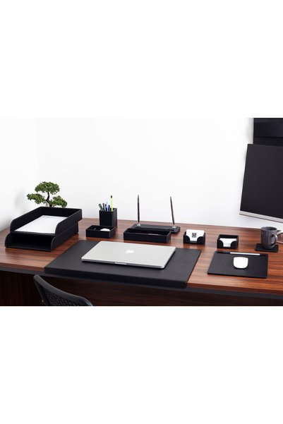 Turgut Office Leather Sumen Set with Black Roman Edges - 11 Pieces with Double Briefcases