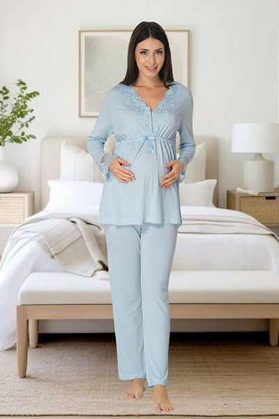 effort Set de pijamale de maternitate cu mâneci lungi pentru femei, albastru, set de maternitate