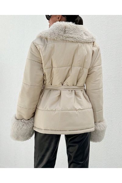 Universal Add Elegance to Cold Weather: Beige Winter Coat with Fluffy Fur Detail