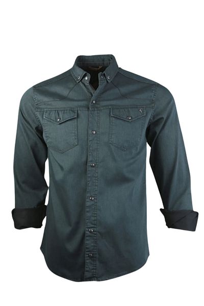 TARZZİNG Men's Long Sleeve Double Pocket Lycra Denim Shirt
