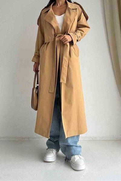 MELEK ARAZ Camel Front Clamshell Snap Detailed Trench Coat