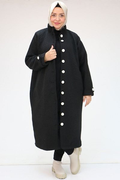 Eslina 43089 Large Size Dikyaka Filet Pocket Coat - Black