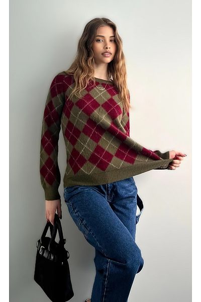 Butik La Lilyum - Plaid Diamond Patterned Soft Knitwear Sweater