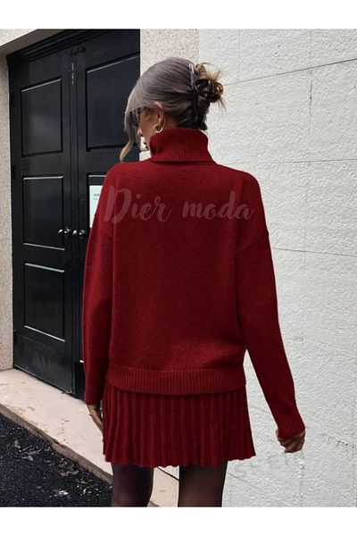 Dier Moda Burgundy Pleated Mini Skirt Fisherman Sweater Bottom Top Knitwear Set