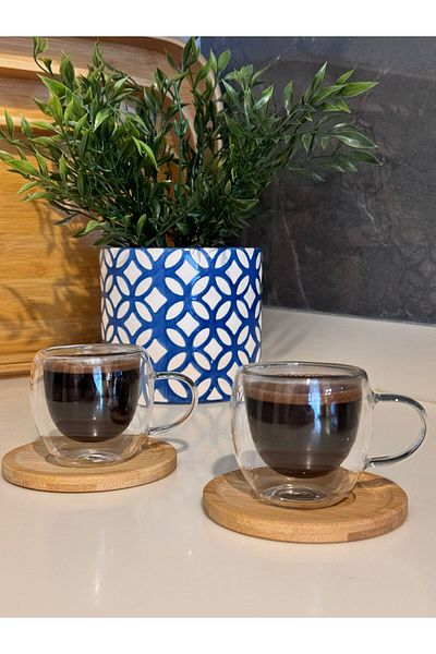 janset home shop Coffee Cup Set for 2 People - with Double Walls and Bamboo Base