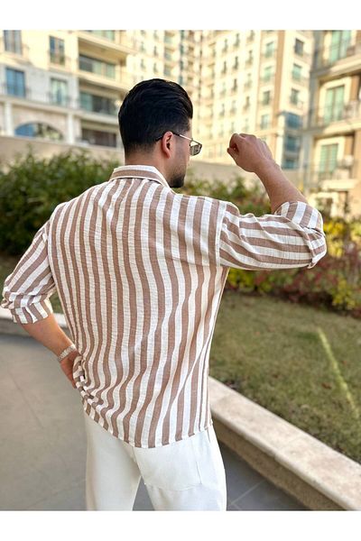 elkumoda Shirt Soft Textured Anti-Sweat Striped Linen Fabric Comfortable Fit Italian Collar Linen Shirt
