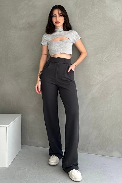 Maude Kadın Antrasit Yüksek Bel Krep Kumaş Likralı Rahat Kesim Cırtlı Palazzo Pantolon