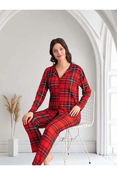 MODA Kadın Ekose Süet Düğmeli Pijama Takımı