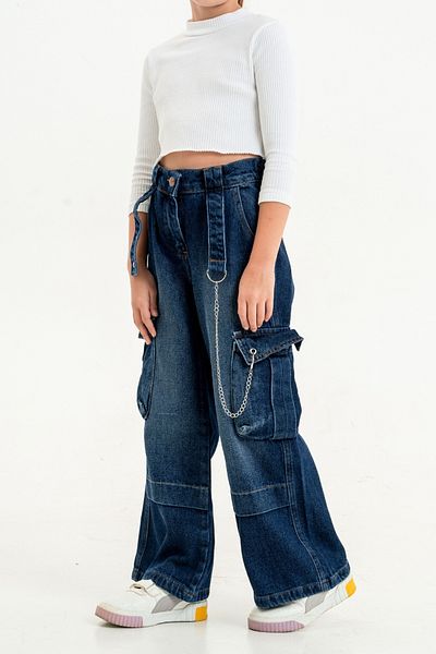 GİYİCEM TEKSTİL Girls' Jeans with Chain Detail - 2134