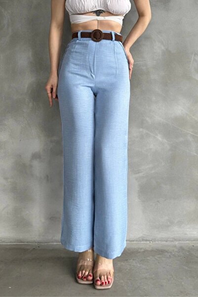 Maude Kadın Mavi Yüksek Bel Keten Kumaş Rahat Kesim Örgü Kemerli Palazzo Pantolon