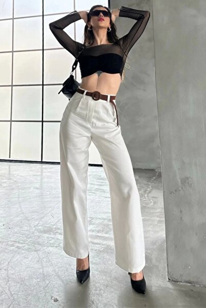 Maude Kadın Beyaz Yüksek Bel Keten Kumaş Rahat Kesim Örgü Kemerli Palazzo Pantolon