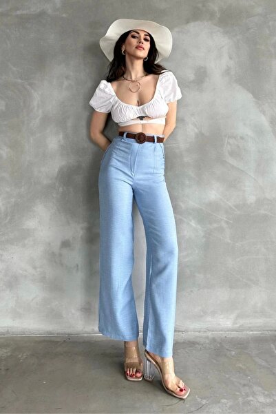 Maude Kadın Mavi Yüksek Bel Keten Kumaş Rahat Kesim Örgü Kemerli Palazzo Pantolon