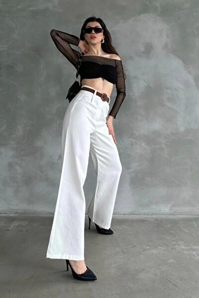 Maude Kadın Beyaz Yüksek Bel Keten Kumaş Rahat Kesim Örgü Kemerli Palazzo Pantolon