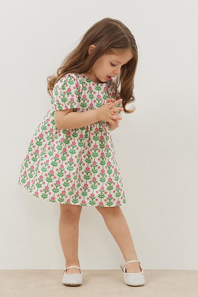 Fahhar Kids Pink Floral Patterned Piping Dress