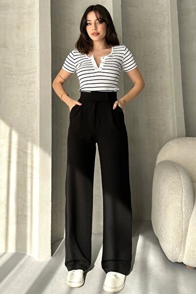 NO979 Kadın Siyah Yüksek Bel Krep Kumaş Likralı Rahat Kesim Cırtlı Palazzo Pa...