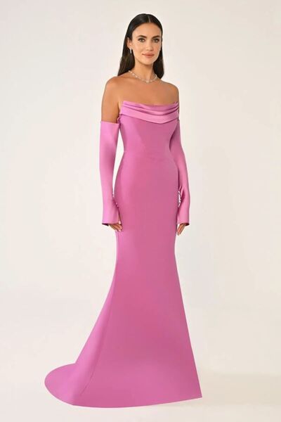 ALFABETA STRAPLEZ DEGAJE YAKA ELDİVEN DETAYLI ŞIK ABİYE ELBİSE