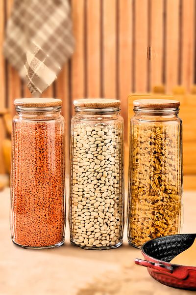 FBZhome 1500 ml Striped Glass Storage Container with 3 Leak-Proof Wooden Lids
