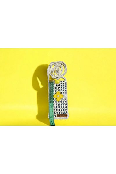 Asel Cream Yellow Floral Patterned Phone Bag with Strap