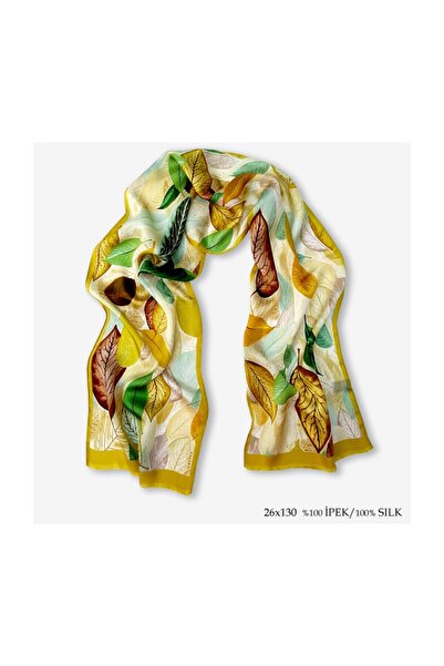 Galiga Leaves Lemon %100 Ipek Fular 26*130cm 'art On Silk'