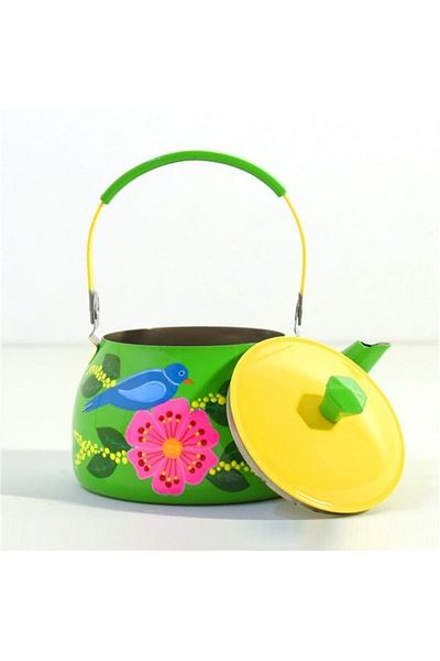 DEDEMİN EMAYELERİ Hand Painted Teapot Green Bird