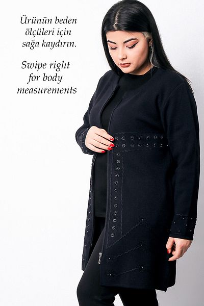 Laden Navy Blue Pearl Knitwear Cardigan - Embroidery Detailed, Zippered, Long Winter Mother Sweater