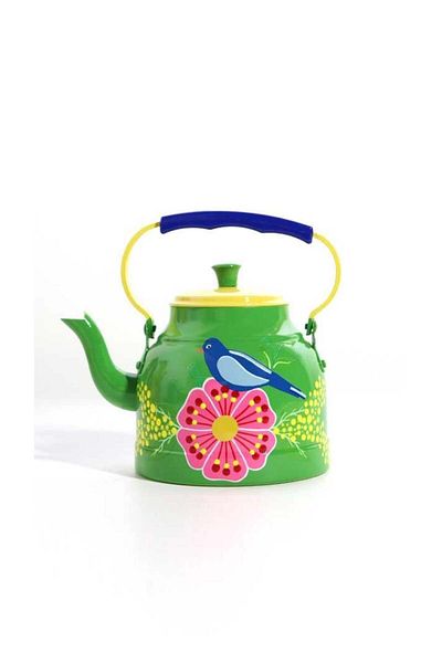 DEDEMİN EMAYELERİ Green Bird Enamel Teapot - Hand Painted