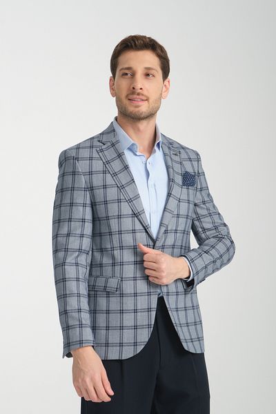 Frappoli Мъжко тъмносиньо карирано спортно яке Sanofi Slim Fit с моно яка