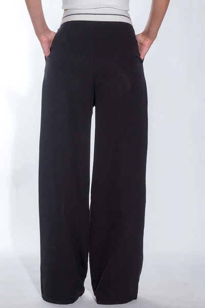 Maude Kadın Siyah Bel Detay Bol Paça Yanları Cepli Piliseli Palazzo Kadın Kumaş Pantolon