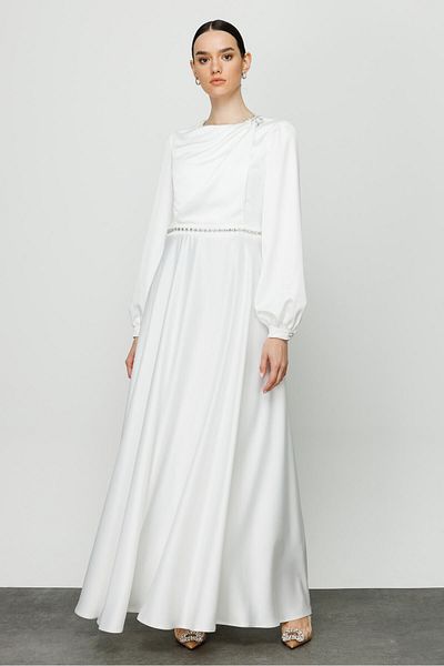 Fatma Atasoy Ecru Stone Detailed Drape Evening Dress