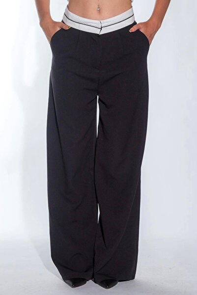 Maude Kadın Siyah Bel Detay Bol Paça Yanları Cepli Piliseli Palazzo Kadın Kumaş Pantolon