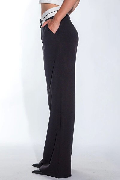 Maude Kadın Siyah Bel Detay Bol Paça Yanları Cepli Piliseli Palazzo Kadın Kumaş Pantolon