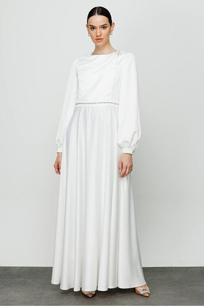 Fatma Atasoy Ecru Stone Detailed Drape Evening Dress