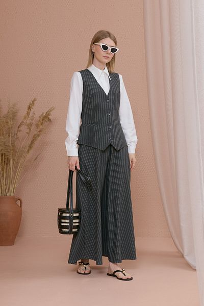 Fatma Atasoy Striped Cotton Anthracite Vest Skirt Set