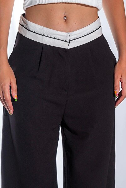 Maude Kadın Siyah Bel Detay Bol Paça Yanları Cepli Piliseli Palazzo Kadın Kumaş Pantolon