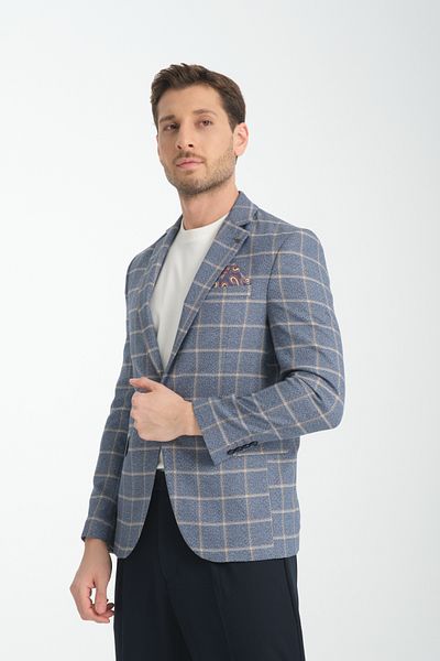 Frappoli Ανδρικό μπουφάν Vestore Navy Blue καρό Slim Fit Mono Collar Sports Blazer