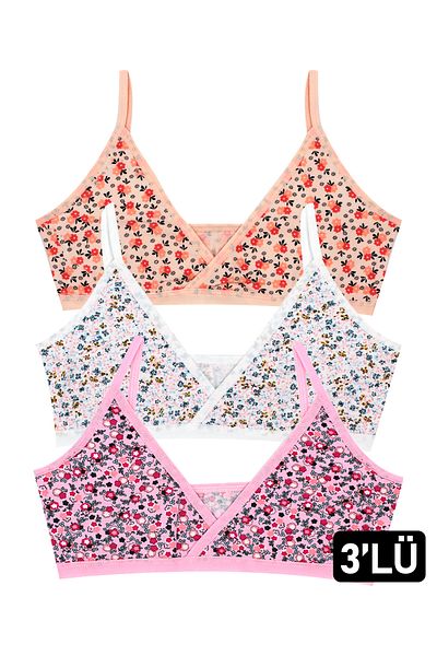 Öts Girl's 3-Piece Colorful Padless Patterned Cotton Lycra Thin Strap Bustier Training Bra