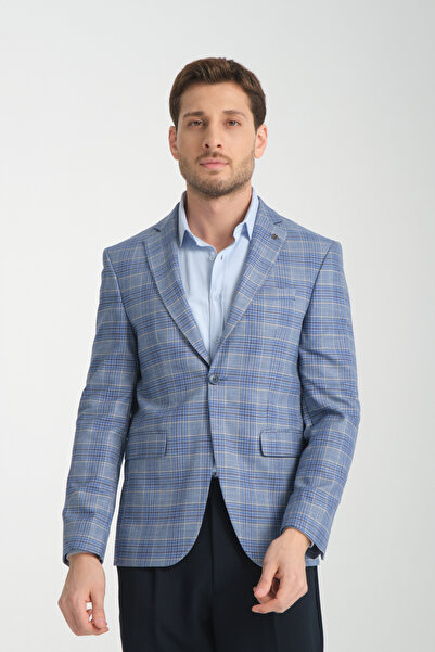 Frappoli Uche Erkek İndigo Ekose Desenli Slim Fit Mono Yaka Blazer Ceket