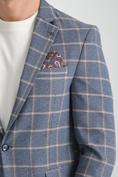 Frappoli Vestore Erkek Lacivert Ekose Slim Fit Mono Yaka Spor Blazer Ceket