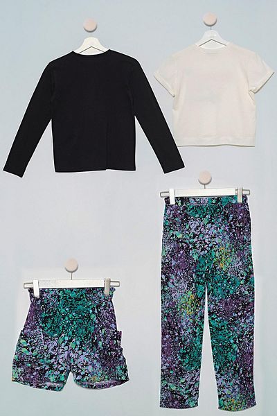 for you kids 4-Piece Batik Tshirt Trousers Shorts Black Set