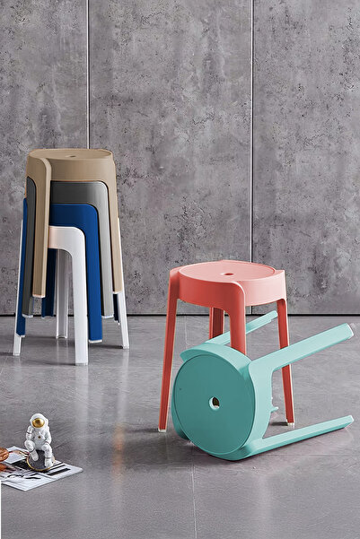 İronika Kaymaz Ayaklı Dekoratif İç İçe Geçebilen Plastik Tabure Mutfak Bahçe Taburesi 6 Adet