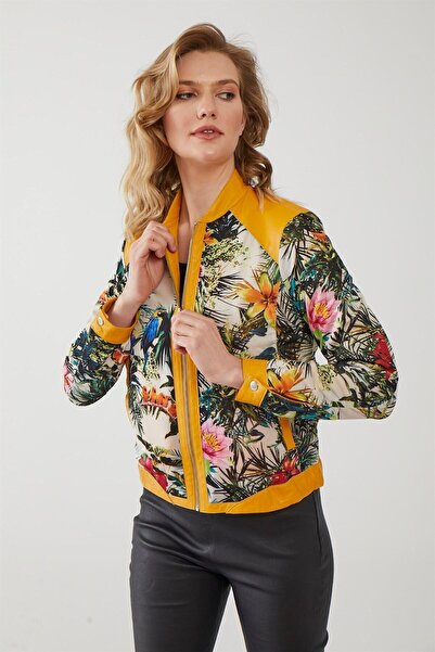 Deriderim Sarı Jozef Kadın Fermuarlı Içi Kumaş Çift Taraflı Kısa Hakiki Deri Mont