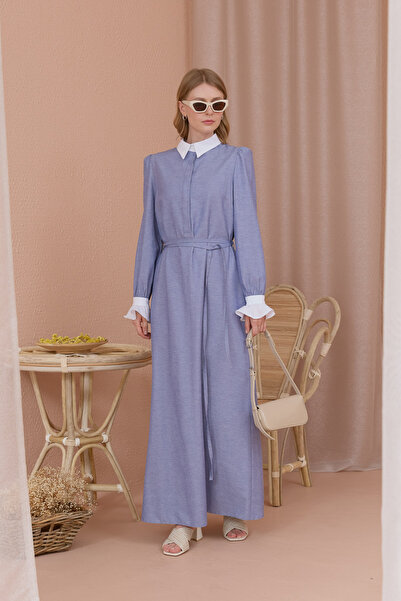 Fatma Atasoy Blue Shoulder Gathered Garnished Dress