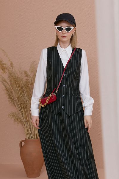 Fatma Atasoy Striped Cotton Black Vest Skirt Set