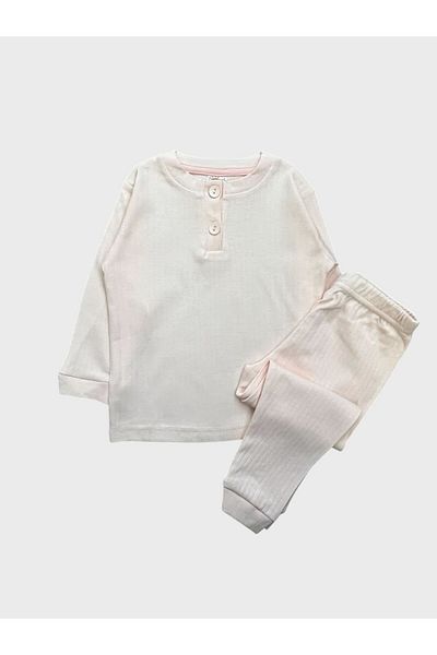 elmas kids Κοριτσίστικο 100% βαμβακερό χειμωνιάτικο ανοιχτό ροζ ύφασμα με κορδόνι με κουμπιά μακρυμάνικο Basic πιτζάμες