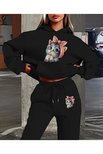 trend selection Cute Cat Printed Oversize Hooded Women's Tracksuit Set